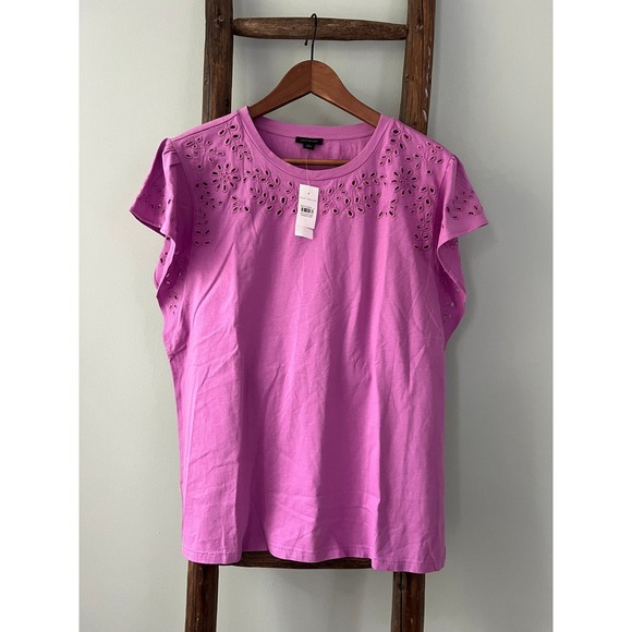 Ann Taylor Eyelet T-Shirt Flutter Sleeve Top Casual Blouse Pink Size L - Picture 2 of 6